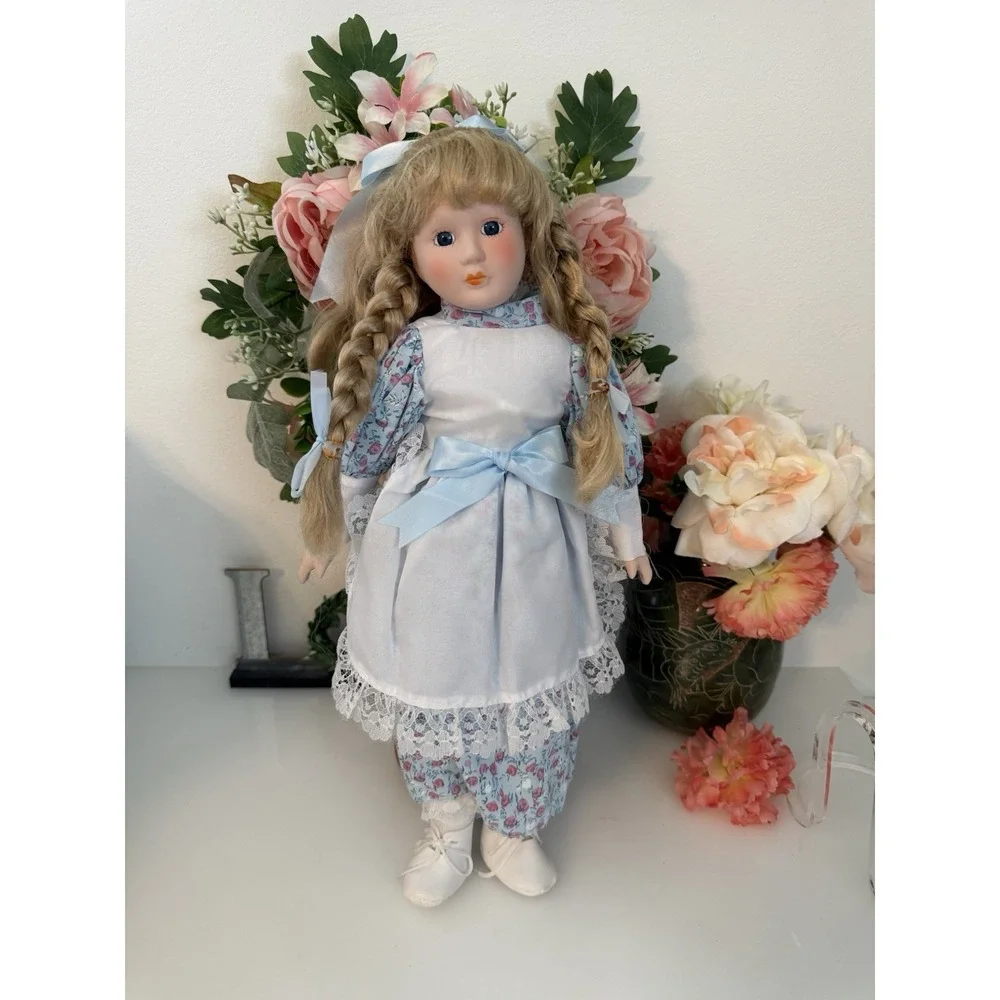 Porcelain Doll Blond Braids Hair Floral Print & White Lace Dress 16